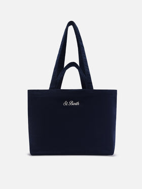 Shopper Essential blu navy in velluto a coste con ricamo logo