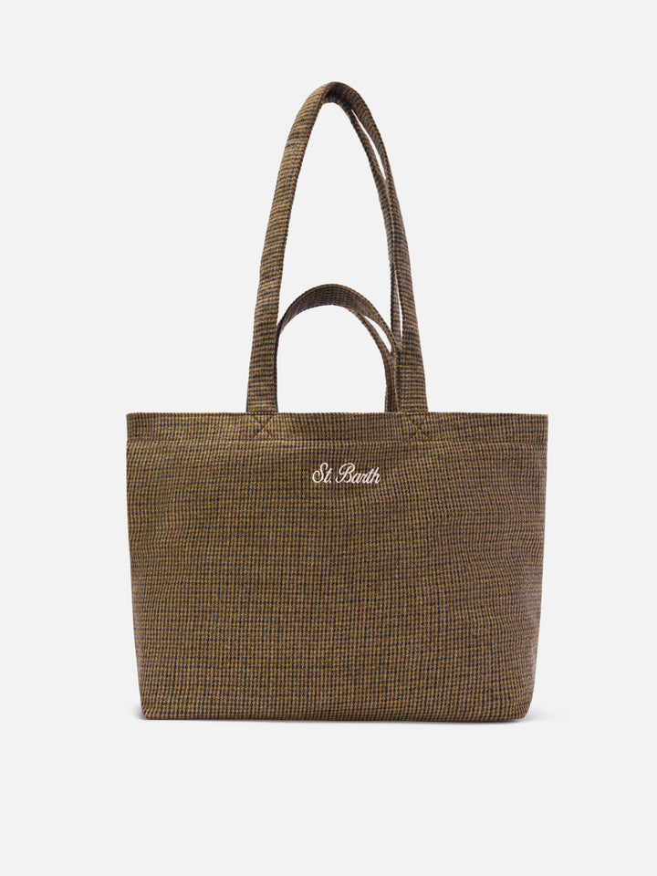 Sac tote Essential en mélange de laine beige avec motif pied-de-poule 
