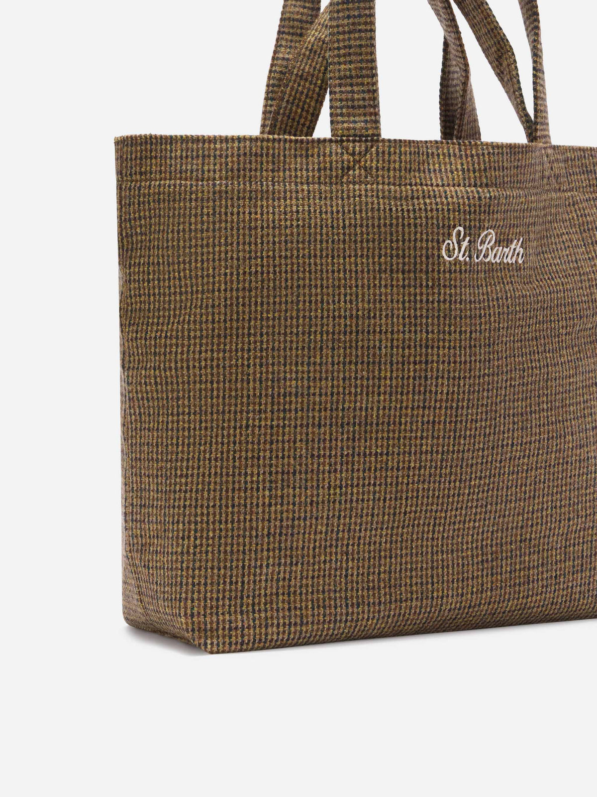 Beige Essential wool blend tote bag with houndstooth pattern