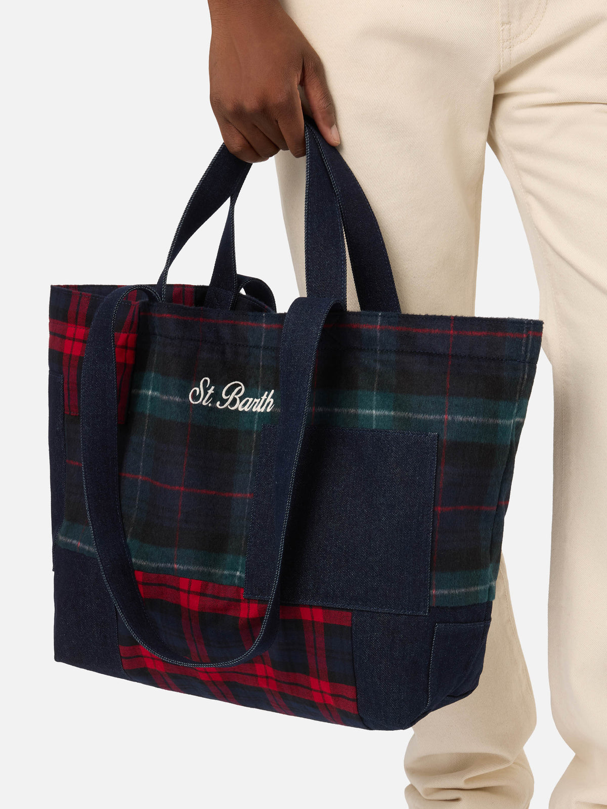 Shopper Essential in patchwork di denim e tartan