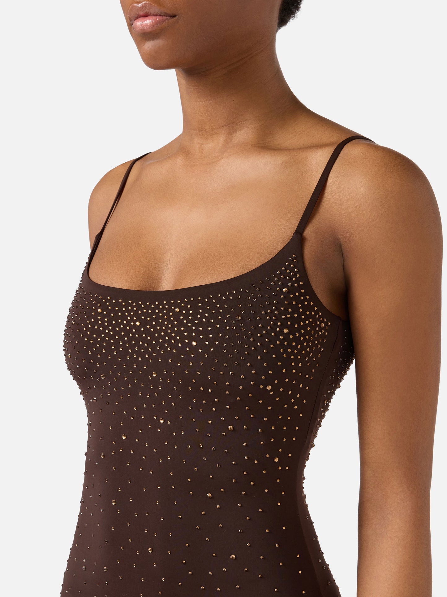 Long Evy dress in brown with degradé-effect strass