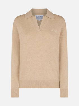 Woman beige cashmere blend sweater Eze with polo collar - MC2 Saint Barth