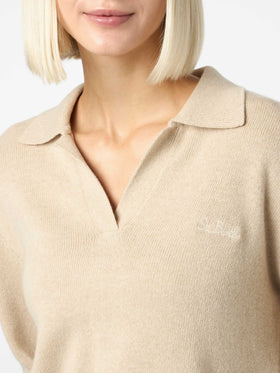 Woman beige cashmere blend sweater Eze with polo collar - MC2 Saint Barth