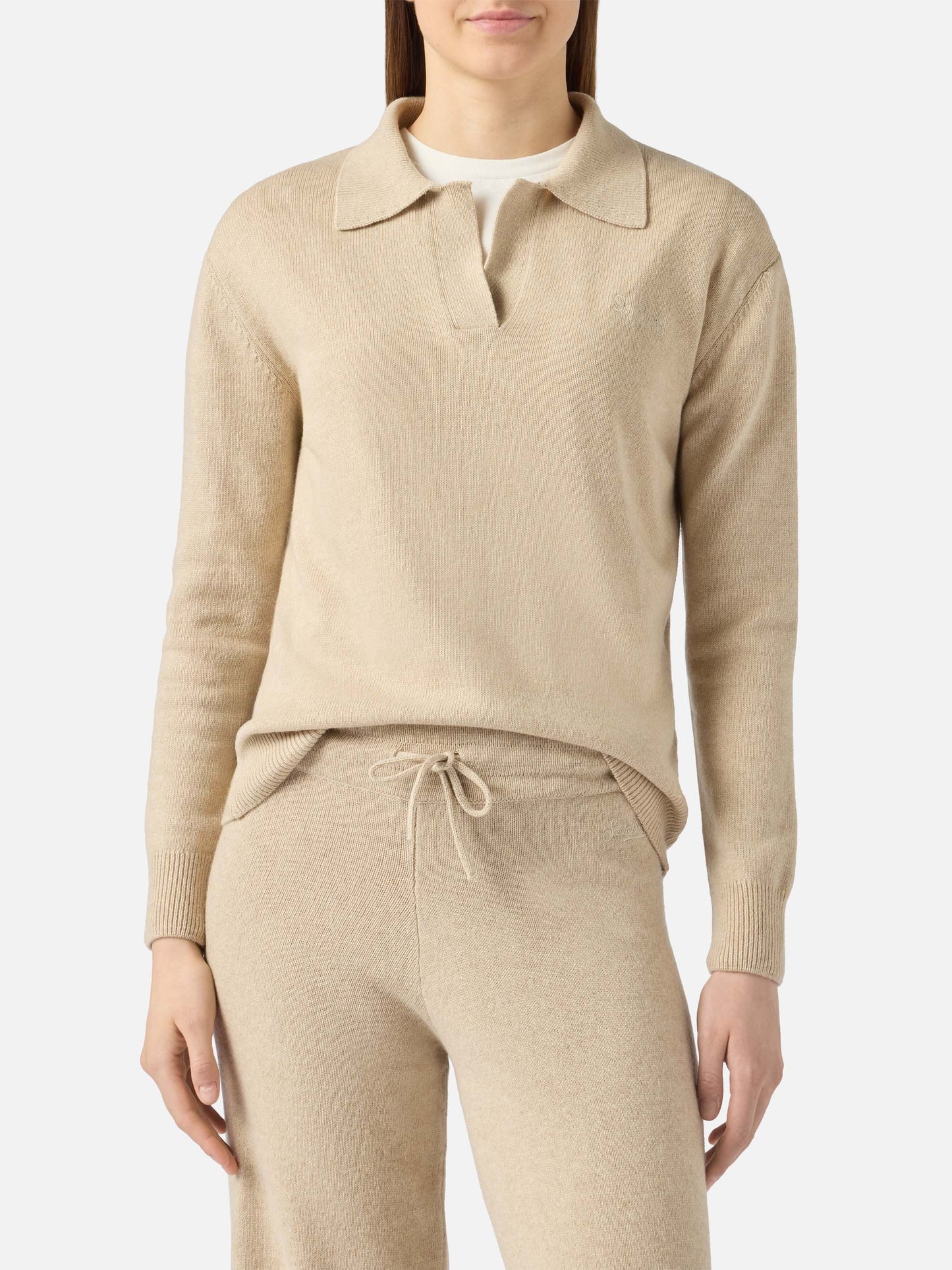 Beige Eze blended cashmere sweater with polo collar