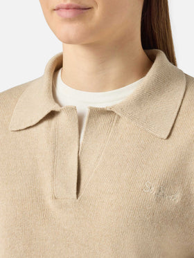 Beige Eze blended cashmere sweater with polo collar