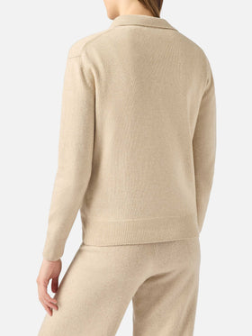 Beige Eze blended cashmere sweater with polo collar