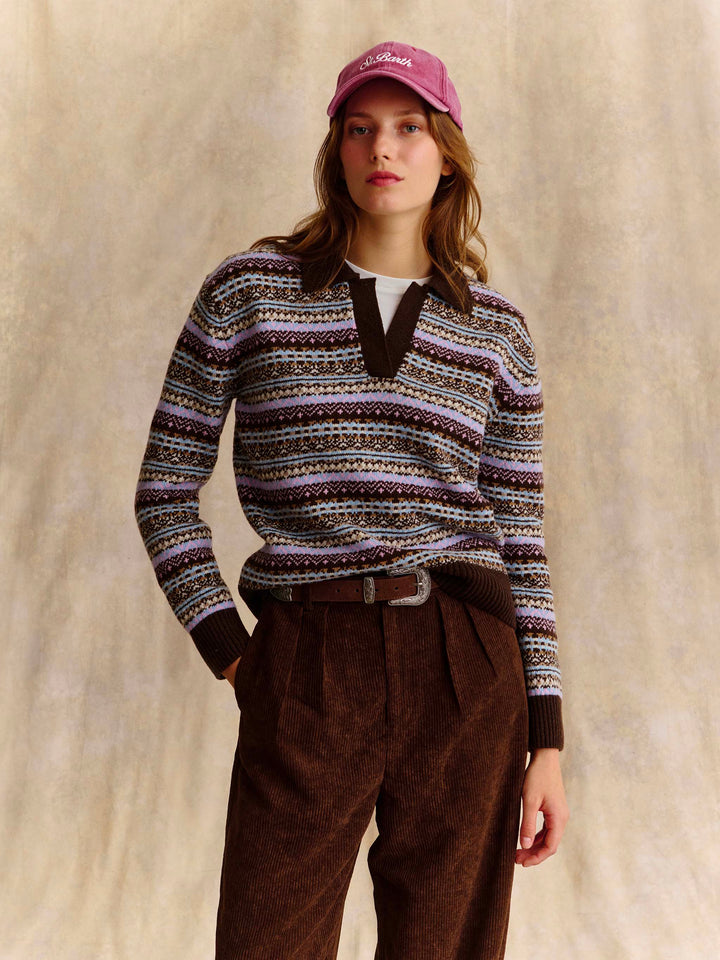 Eze wool blend polo collar knit with fair isle pattern