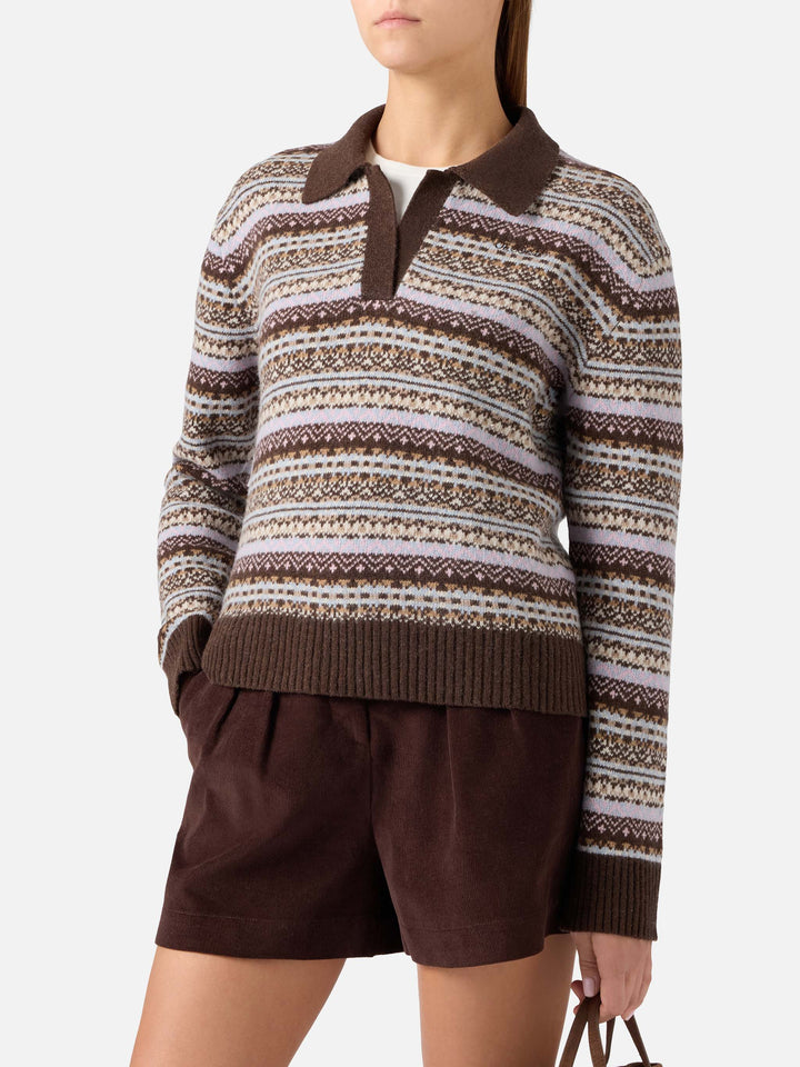 Eze wool blend polo collar knit with fair isle pattern