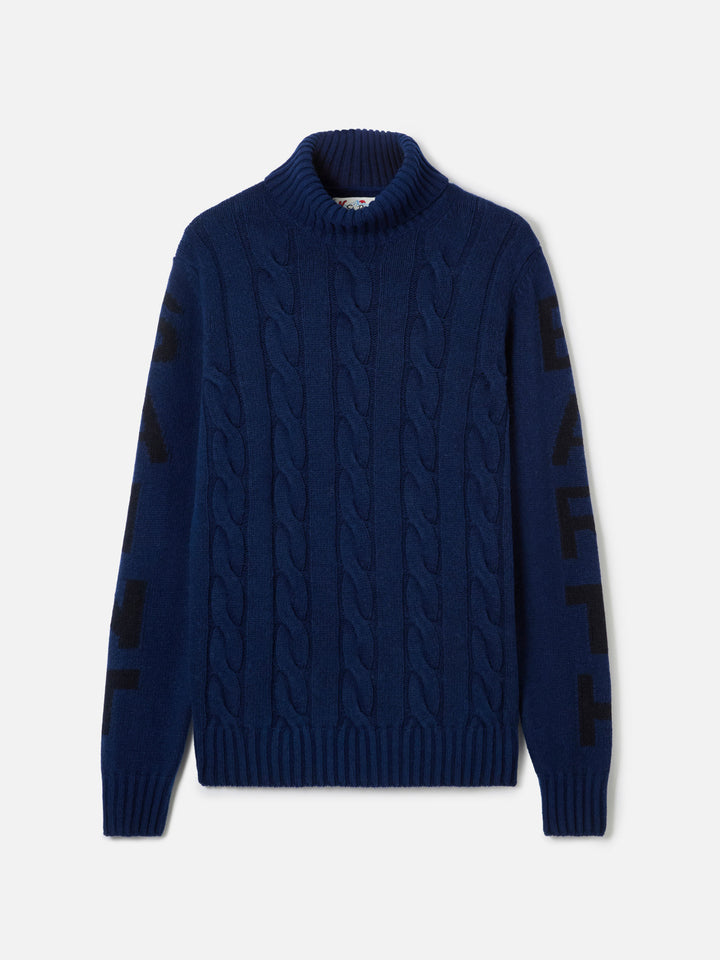 Vintage Rollkragenpullover in Fisherman Blue mit Zopfmuster 