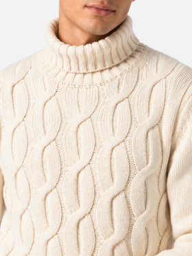 Jersey de punto trenzado estilo pescador en mezcla de cachemira color blanco roto 