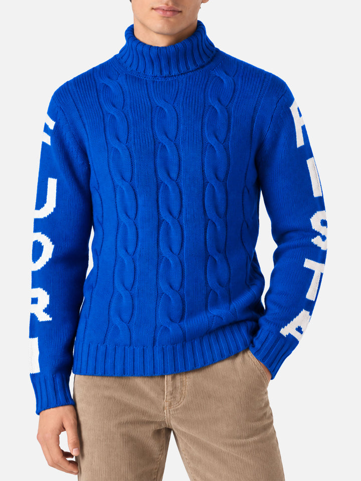 Pull à col roulé en maille torsadée style pêcheur avec jacquard Fuori pista bleu 