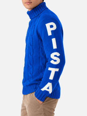 Rollkragenpullover im Fisherman-Zopfmuster mit Fuori pista-Jacquard in Blau 