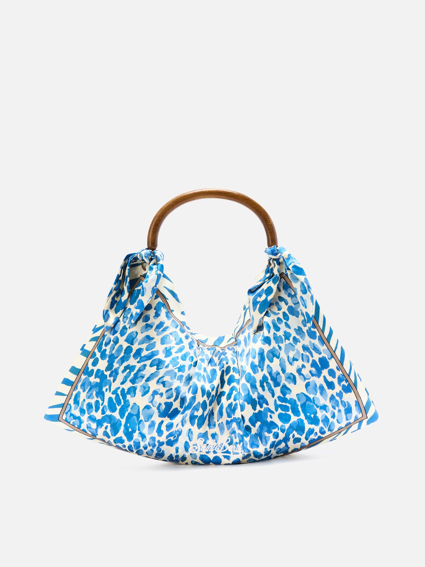 Sac foulard en soie avec poignée en bois et imprimé animalier 