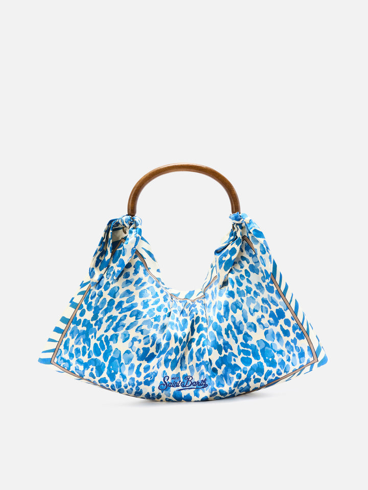Sac foulard en soie avec poignée en bois et imprimé animalier 