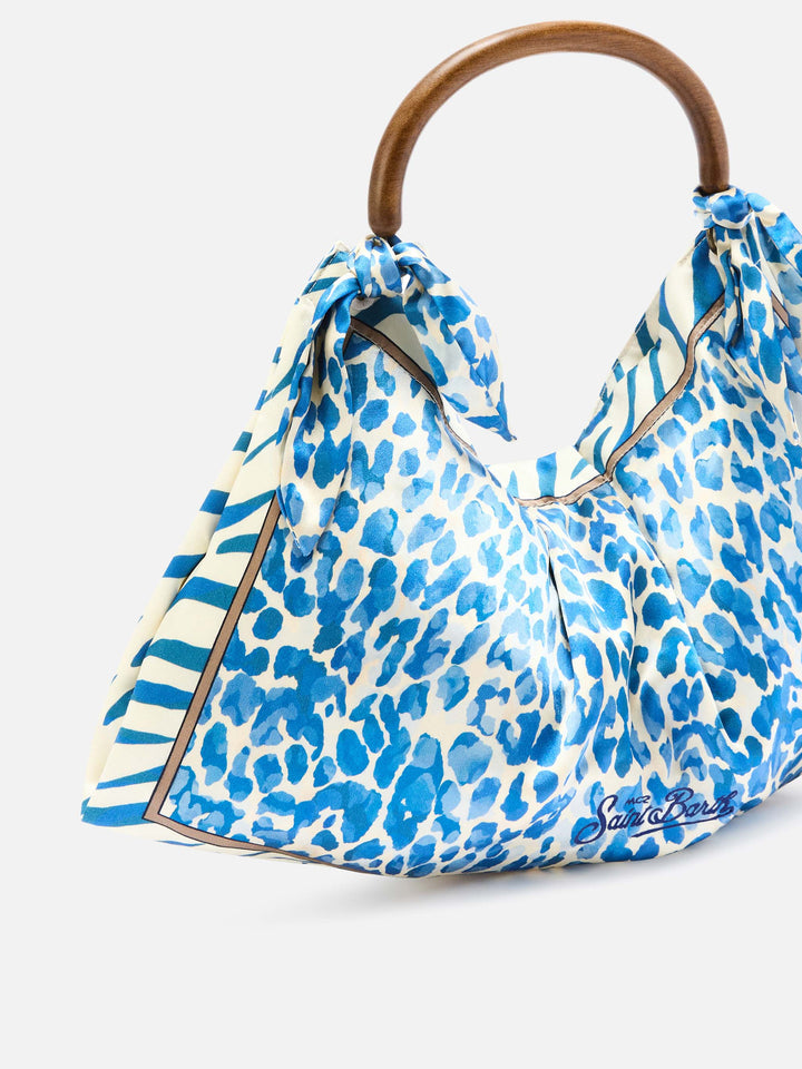 Sac foulard en soie avec poignée en bois et imprimé animalier 