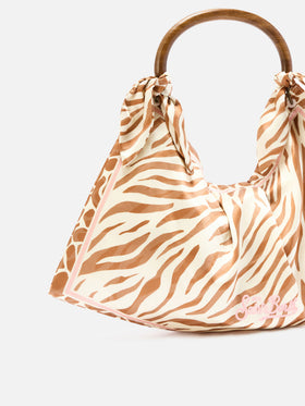 Sac foulard en soie avec poignée en bois et imprimé animalier 