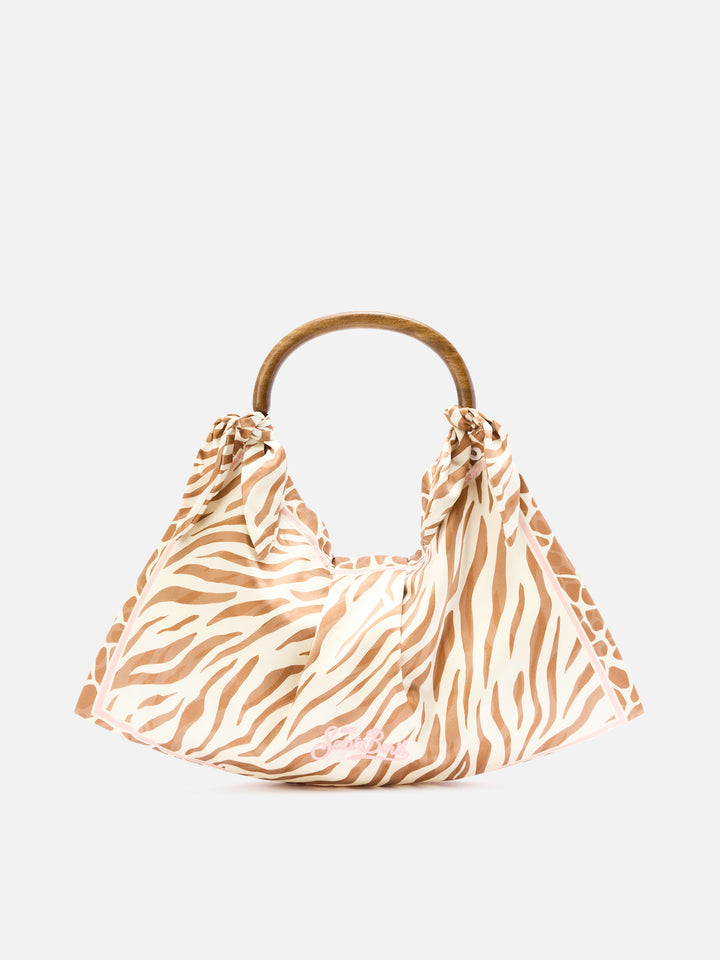 Sac foulard en soie avec poignée en bois et imprimé animalier 