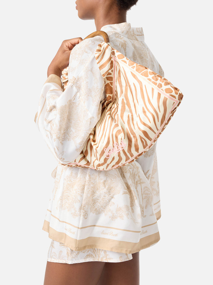 Sac foulard en soie avec poignée en bois et imprimé animalier 