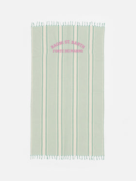 Telo mare Fouta in cotone leggero con stampa a righe verde acqua e ricamo