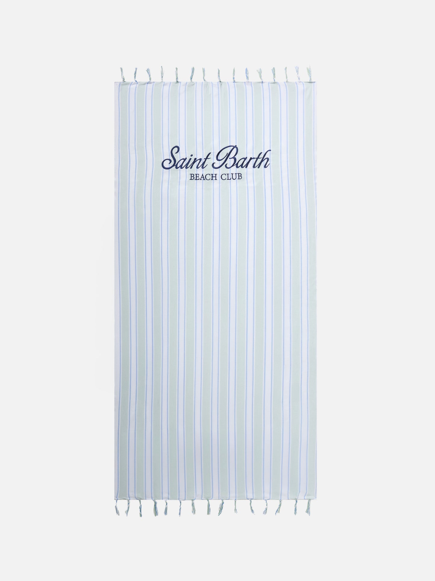 Serviette de plage fouta Lightbeach à rayures vert aqua et blanches avec logo brodé 