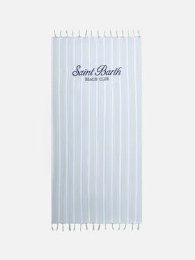 Serviette de plage fouta Lightbeach à rayures vert aqua et blanches avec logo brodé 