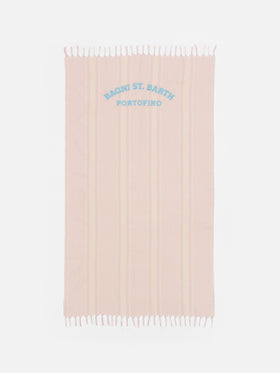 Light cotton beach towel Fouta with pink striped print and embroidery