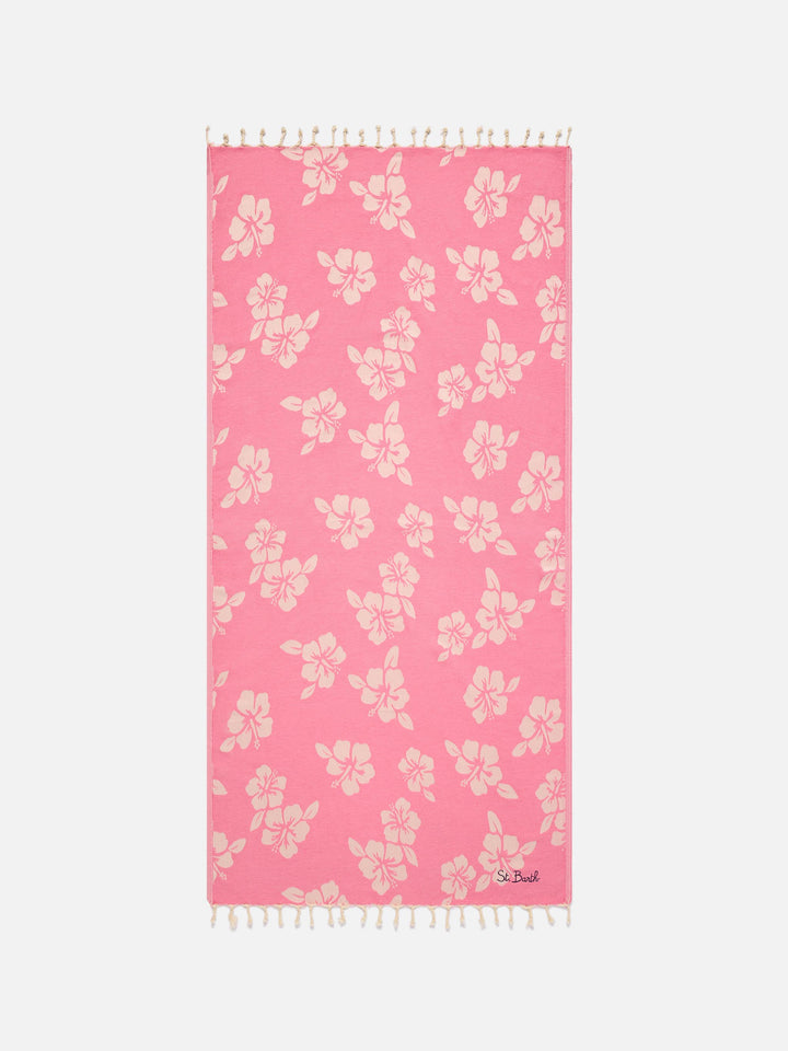 Serviette de plage en coton Foutas Jaquard rose avec motif hibiscus 