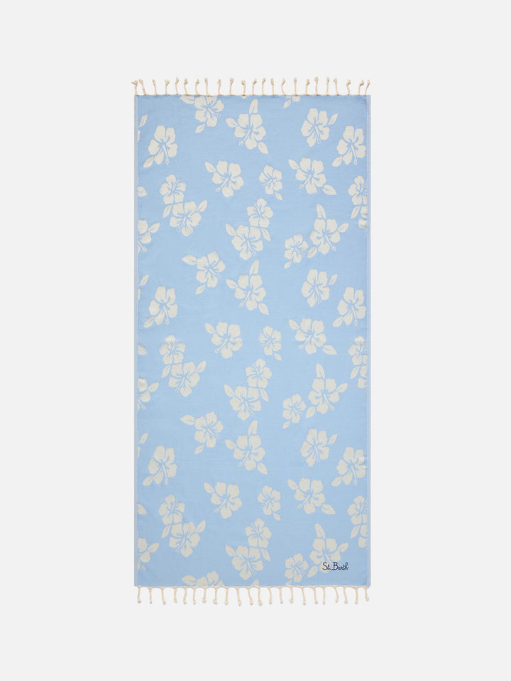 Serviette de plage fouta en coton Jacquard bleu clair avec motif hibiscus 