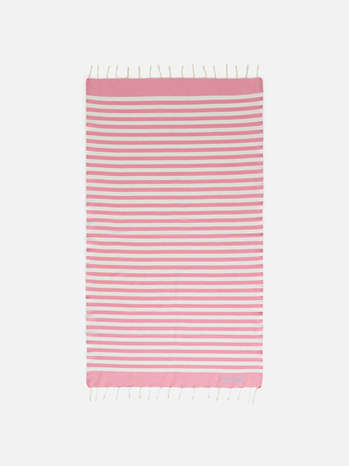 Serviette de plage fouta à rayures roses et blanches 