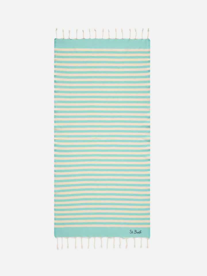 Serviette de plage fouta à rayures vert aqua et blanches 