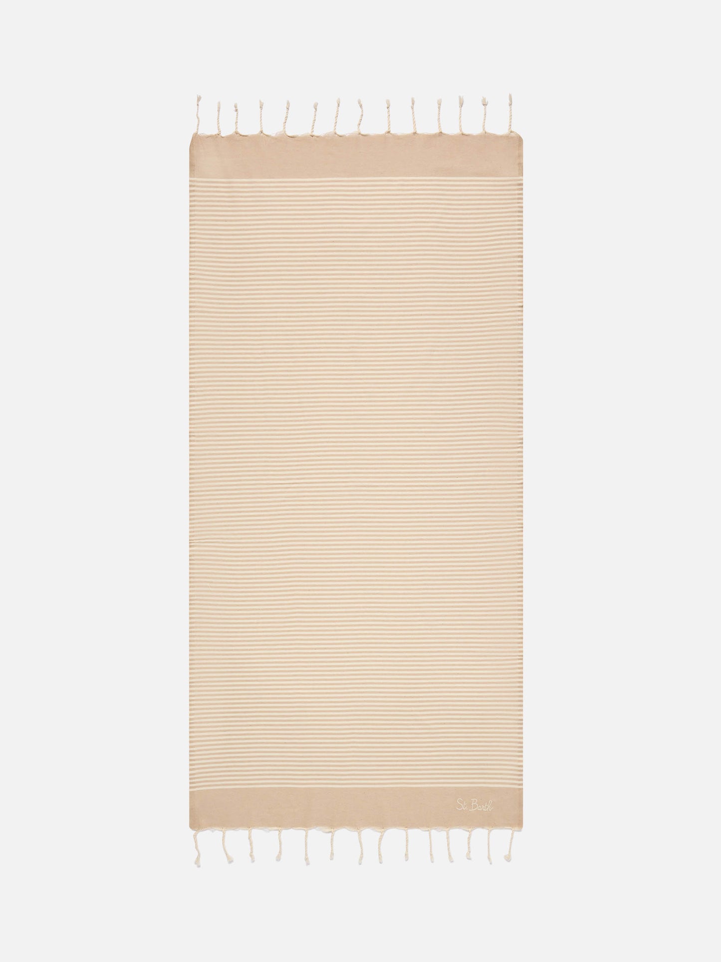 Toalla de playa fouta con pequeñas rayas beige y blancas 