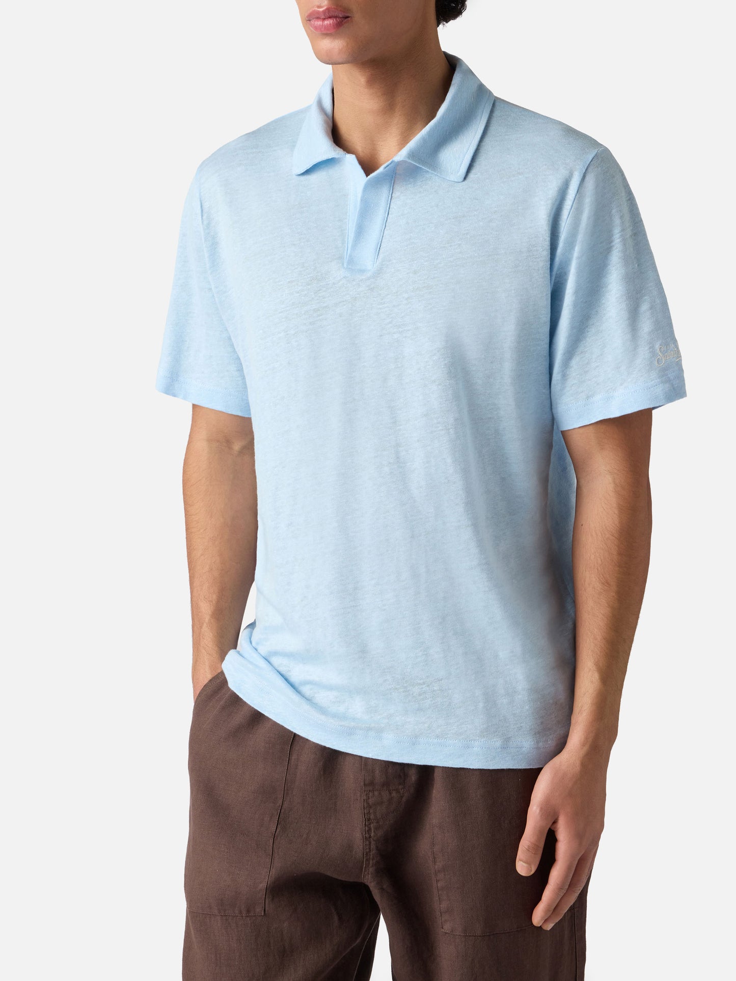 Light blue Fraser polo in pure linen solid color