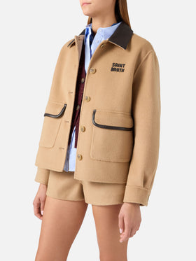 Beige Jacke aus Glacienne-Wollmischung mit Logo-Patch 