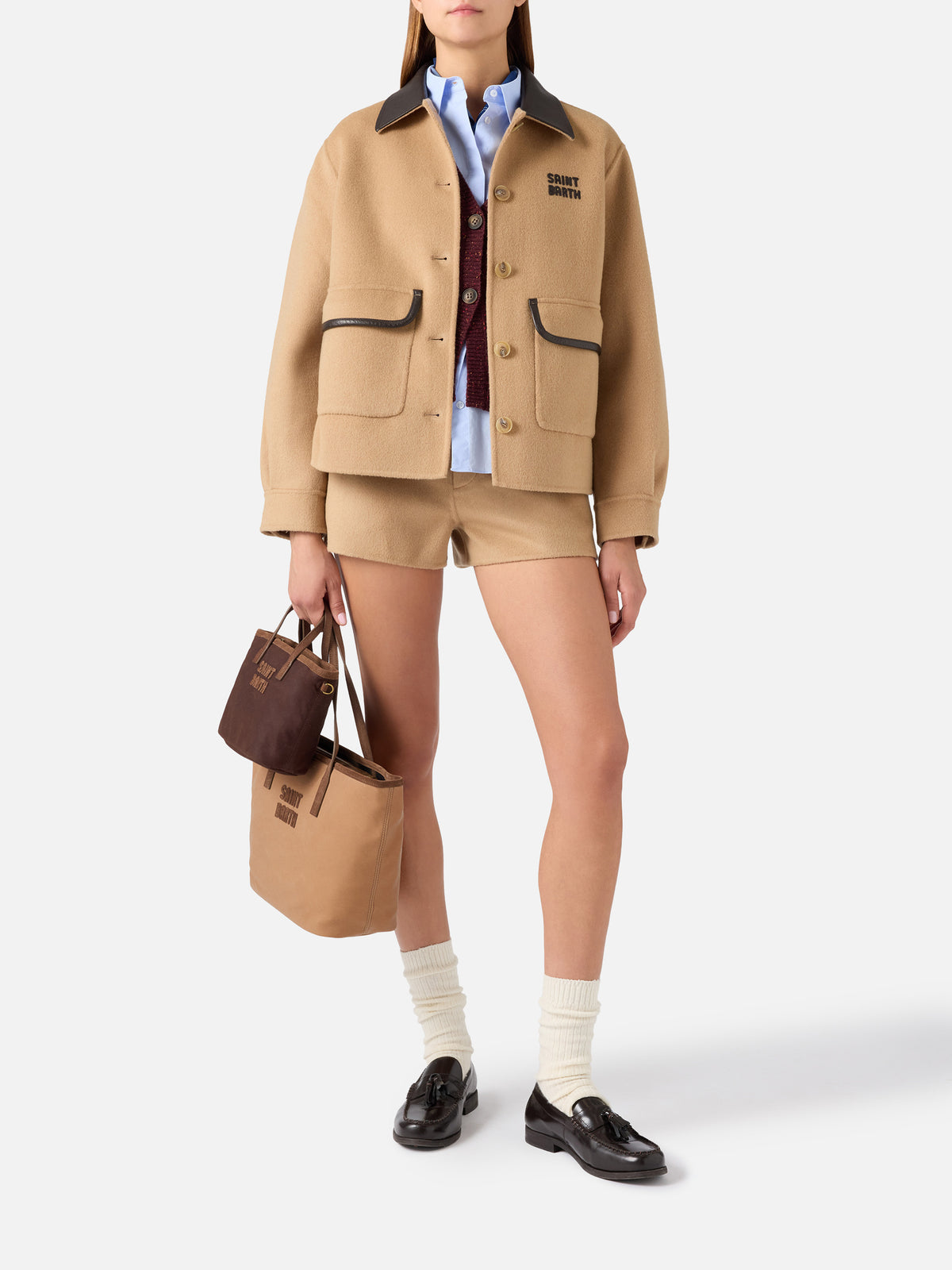 Shorts Elva beige en doble tejido de mezcla de lana 