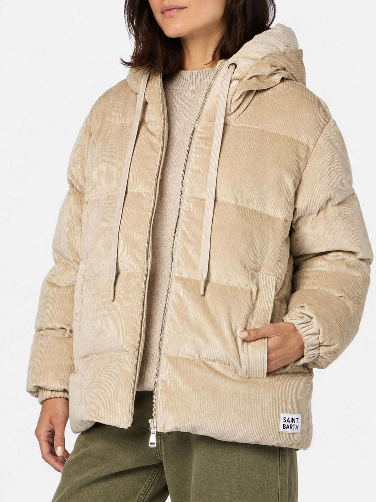 Geneve beige Daunenjacke aus Cord mit Kapuze 