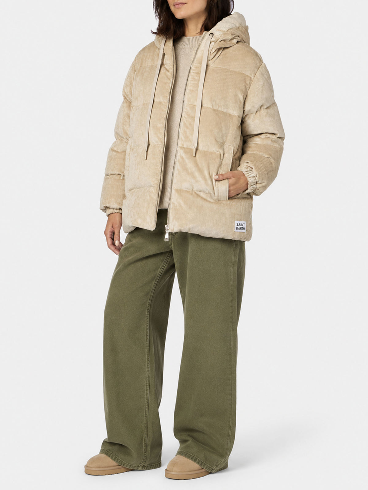 Geneve beige Daunenjacke aus Cord mit Kapuze 