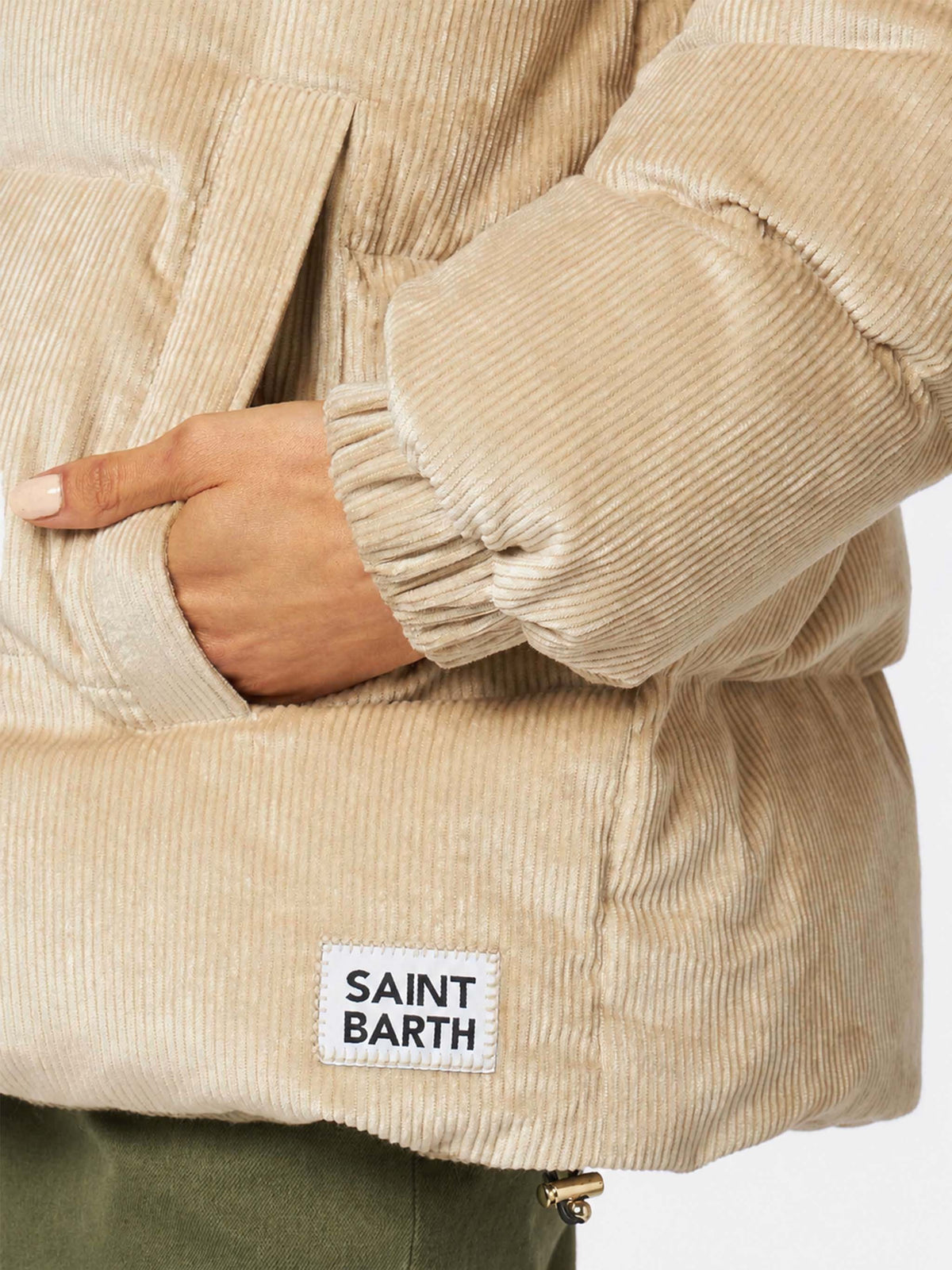 Geneve beige Daunenjacke aus Cord mit Kapuze 