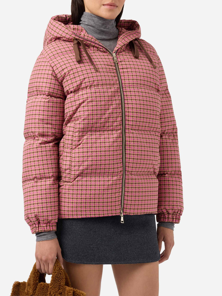 Hooded down padded jacket Geneve with pied de poul print