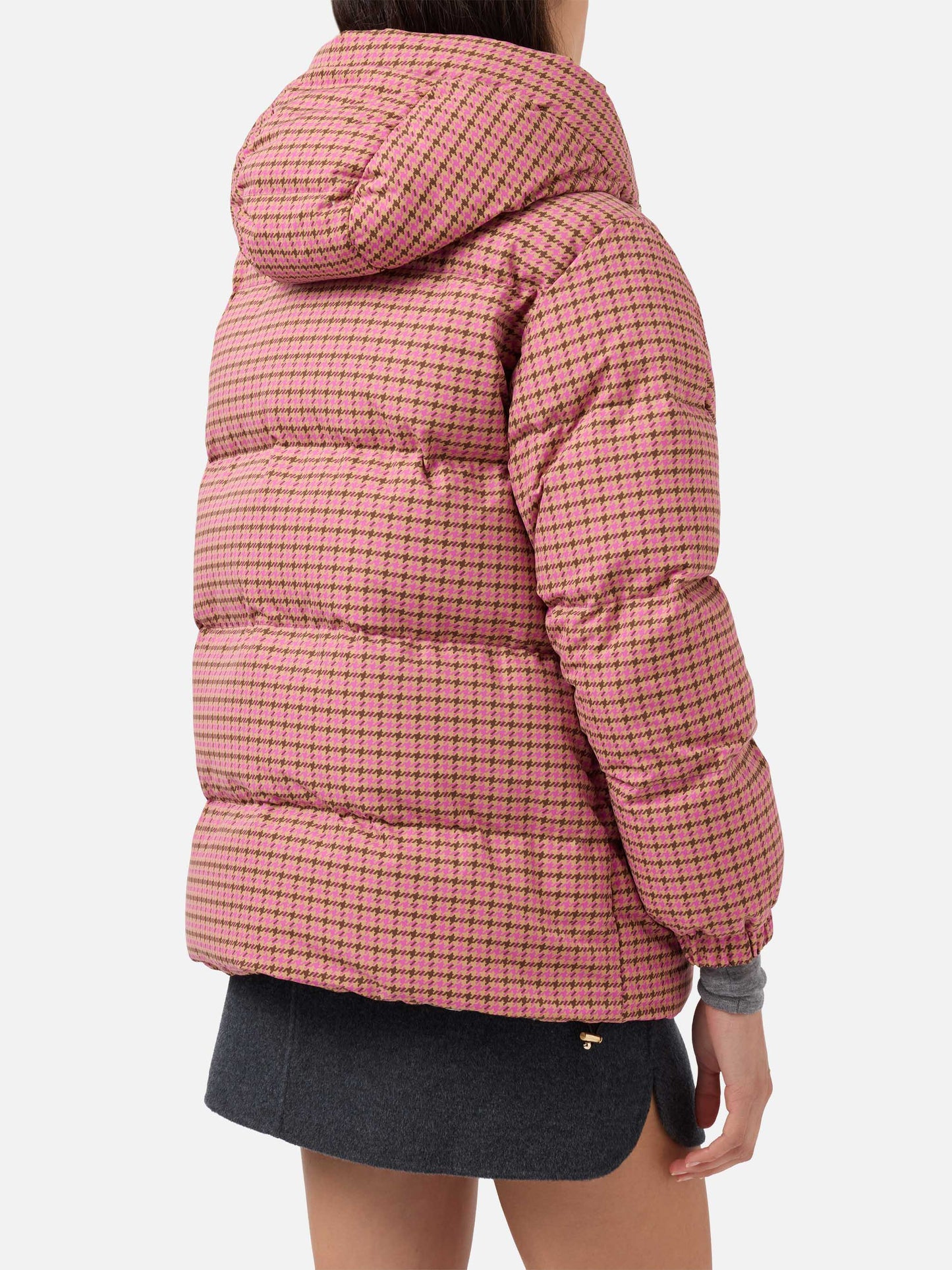 Hooded down padded jacket Geneve with pied de poul print