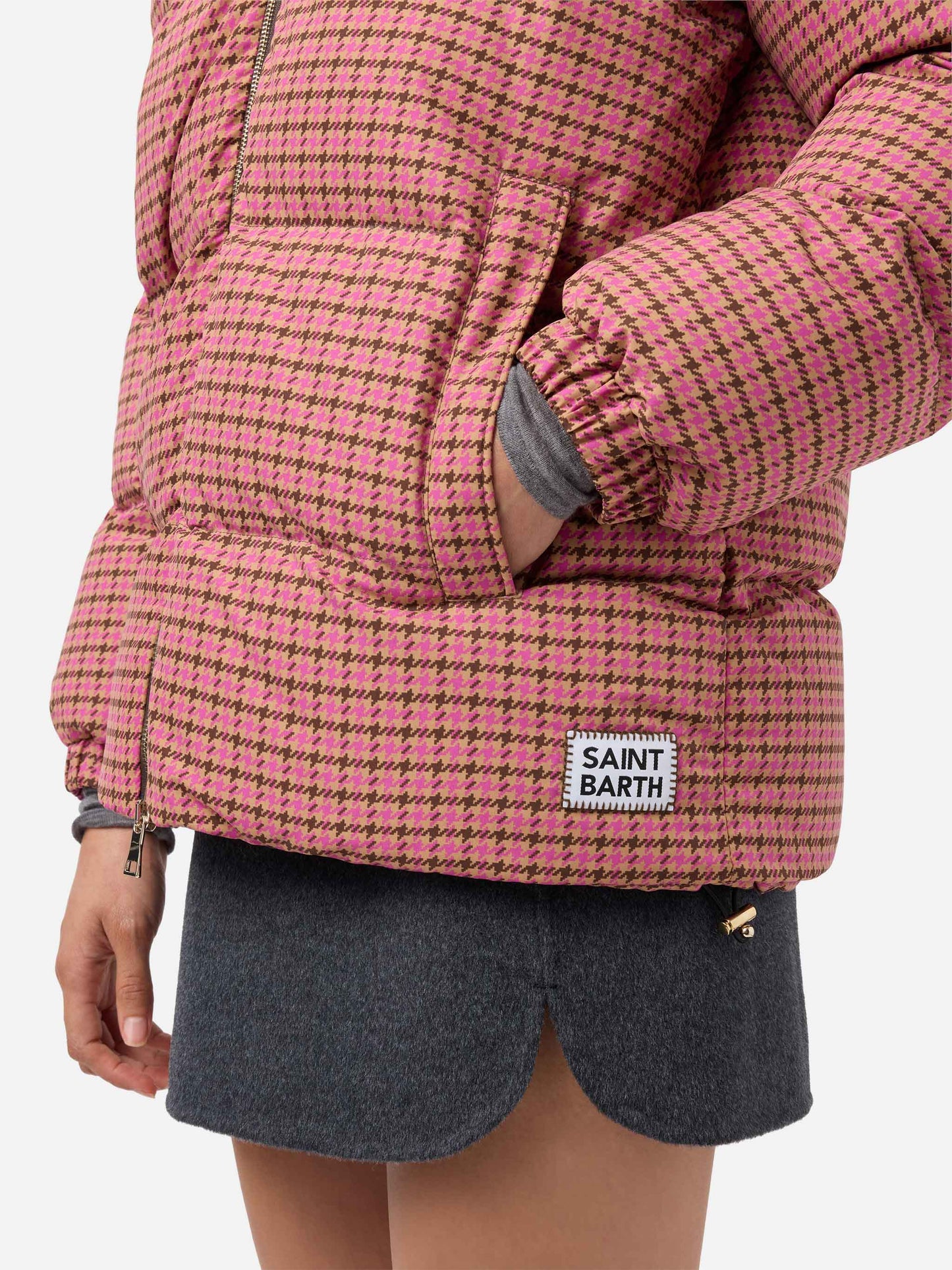 Hooded down padded jacket Geneve with pied de poul print