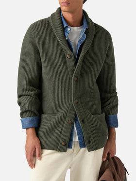 Cardigan Glasgow verde in lana con collo a scialle