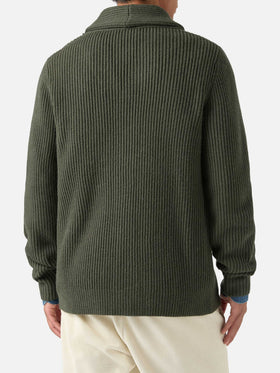 Cardigan Glasgow verde in lana con collo a scialle