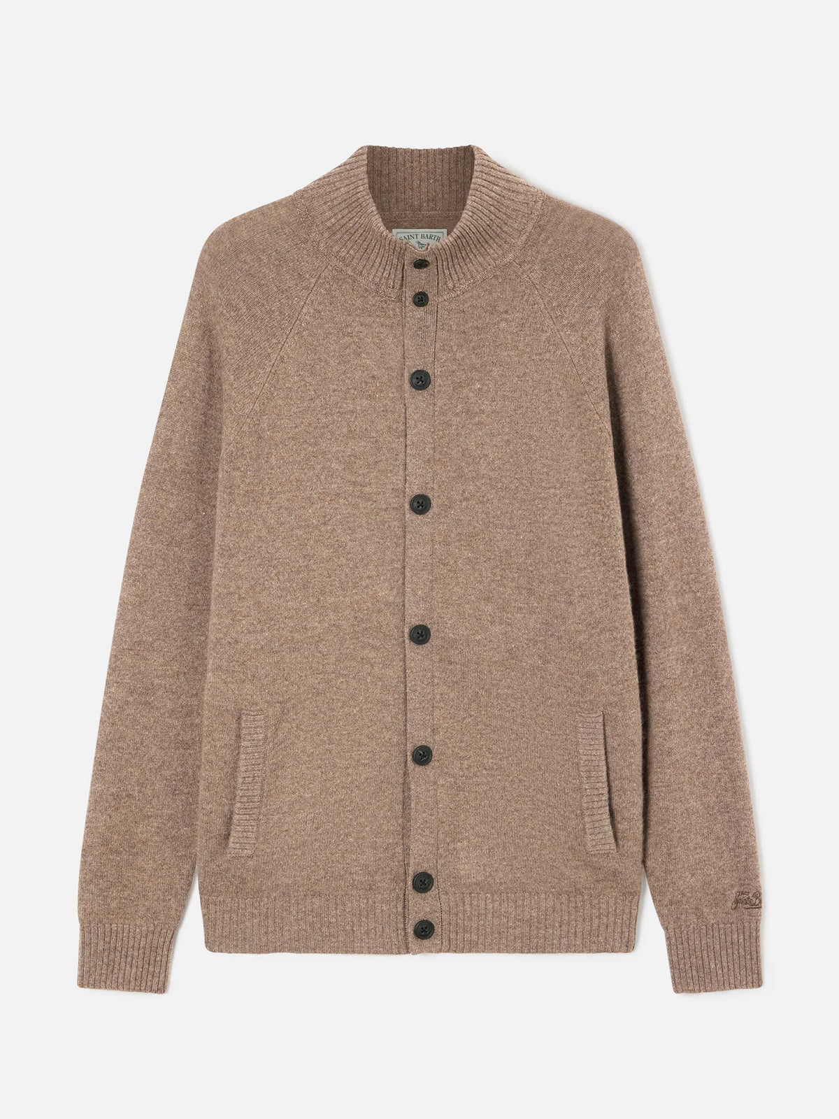 Cardigan Galway en laine d'agneau beige avec col montant 