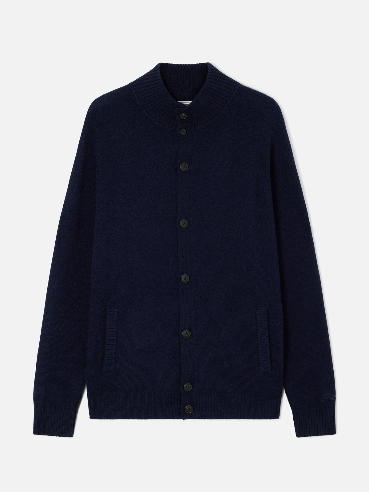 Cardigan Galway en laine d’agneau Navy blue avec col montant 