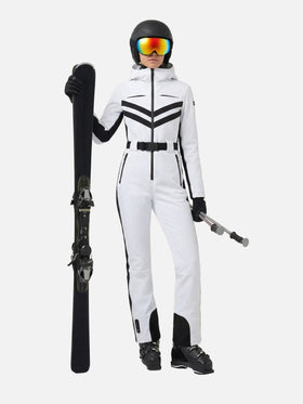 Woman white ski suit Garmisch with RECCO® technology