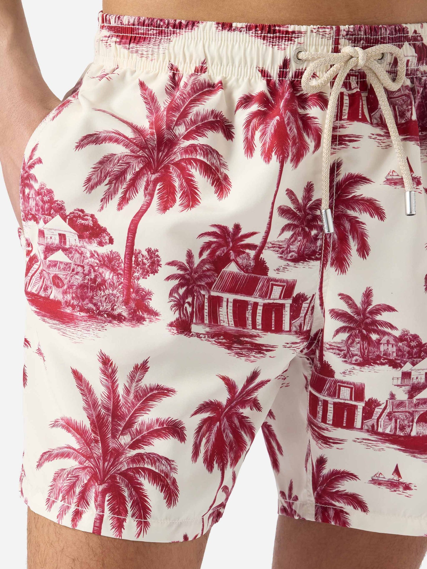 Gustavia swim shorts with burgundy toile de jouy print | Special Edition