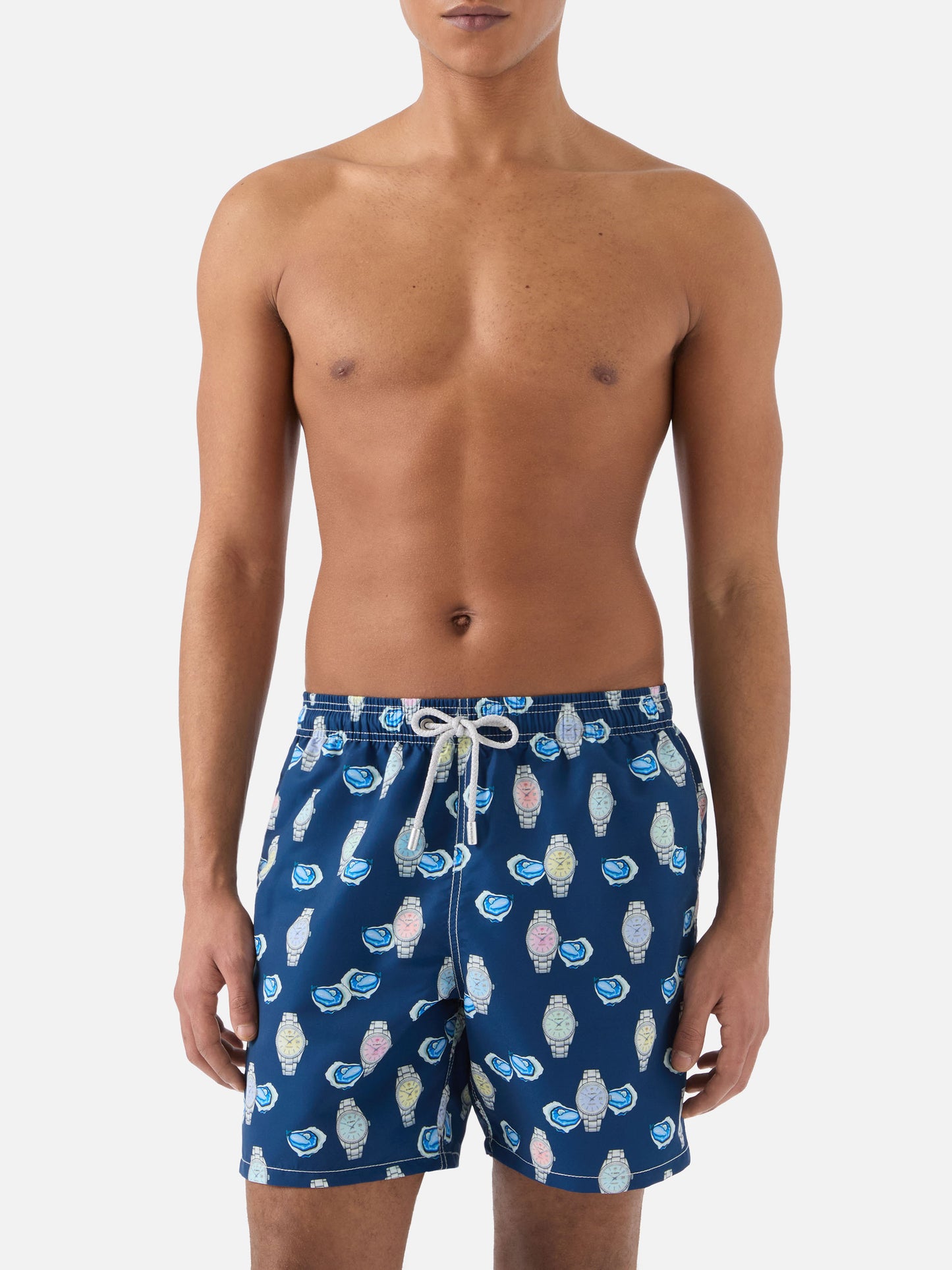 Gustavia swim shorts with oysters and watches print