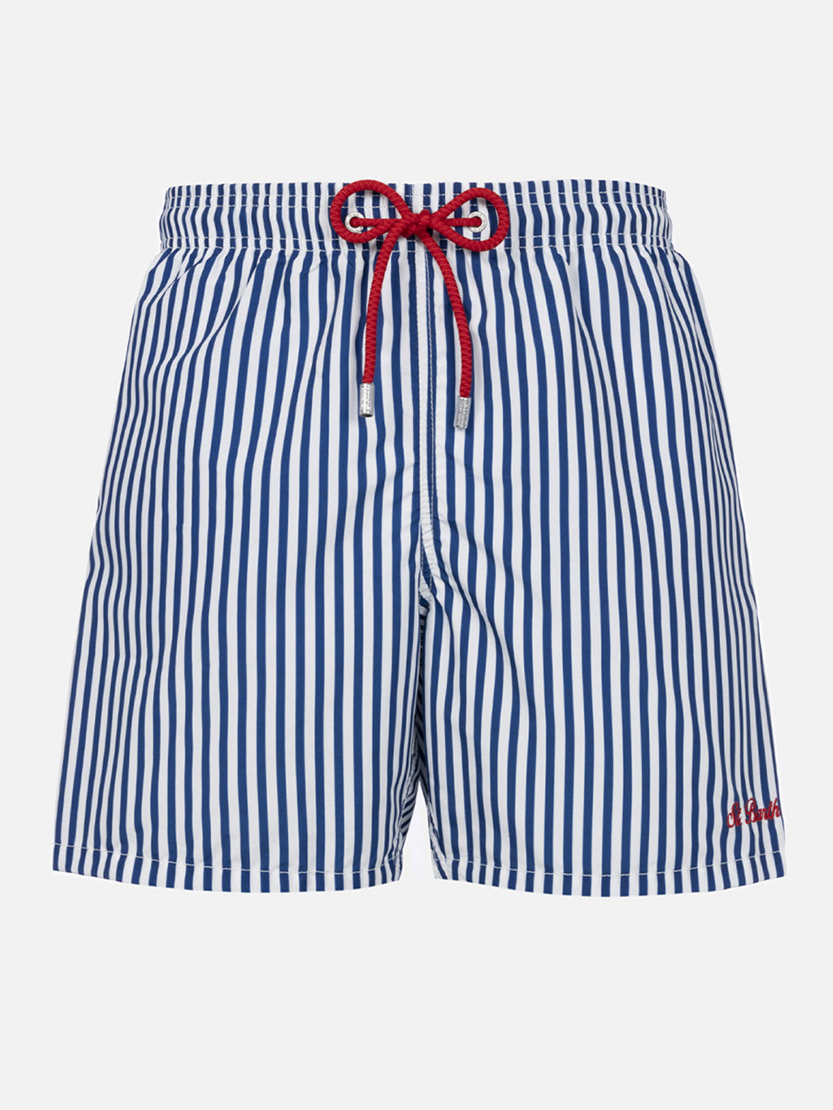 Mittellange gestreifte Gustavia-Badeshorts für Herren mit St. Barth-Stickerei