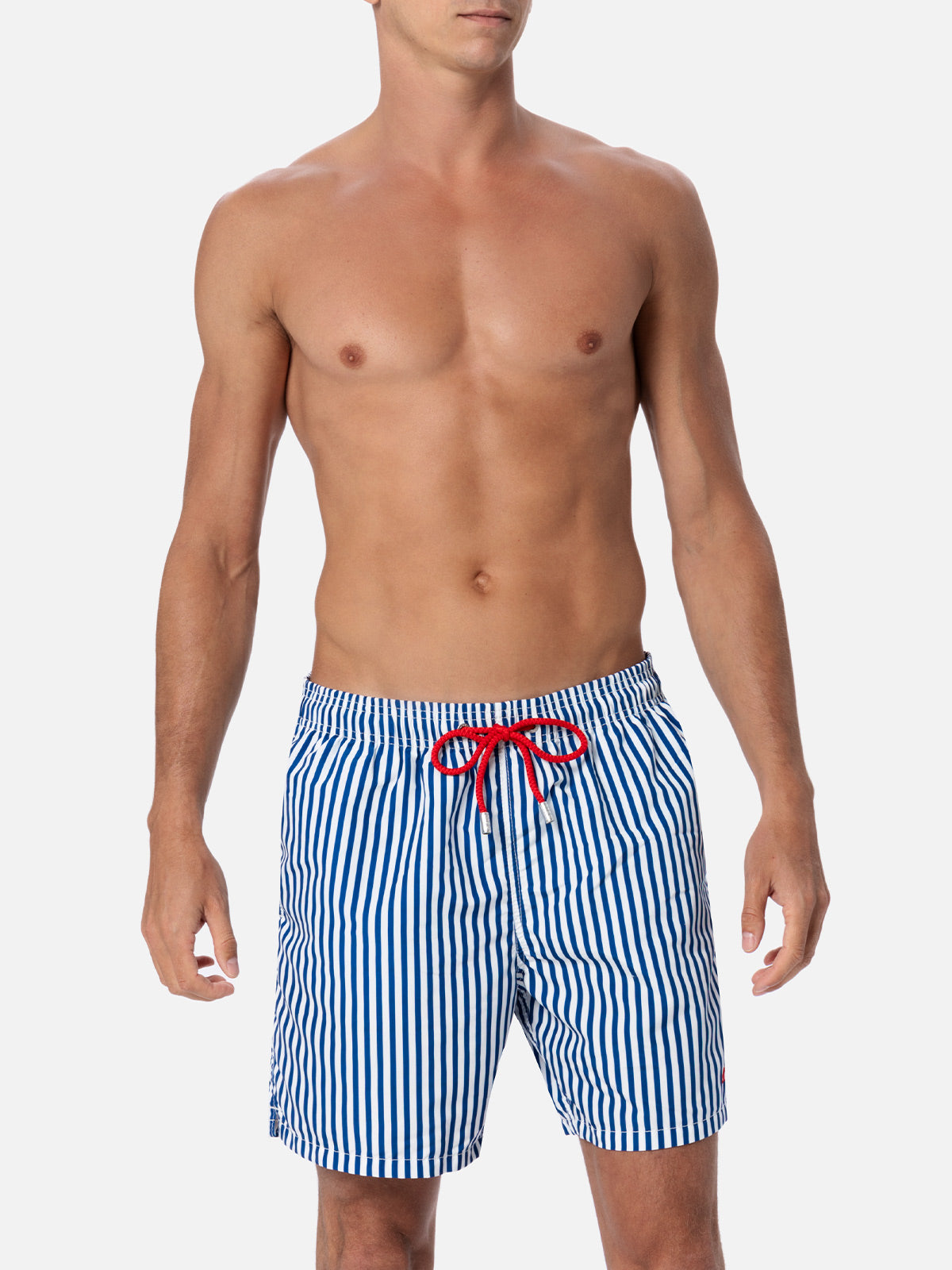 Mittellange gestreifte Gustavia-Badeshorts für Herren mit St. Barth-Stickerei