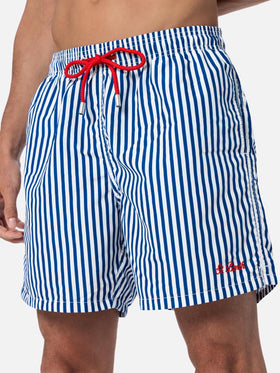Mittellange gestreifte Gustavia-Badeshorts für Herren mit St. Barth-Stickerei